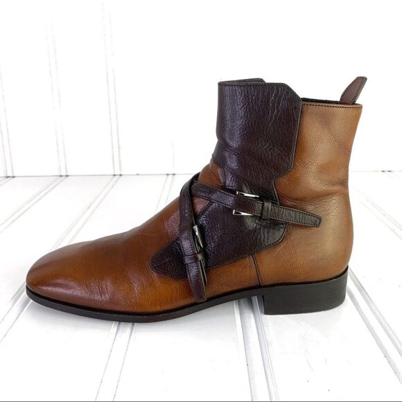 PRADA SAFFIANO BROWN SHOE  2 TONE POLISH LEATHER ANKLE BOOTS BLOCK STRAPPY MEN 6 - Picture 3 of 17